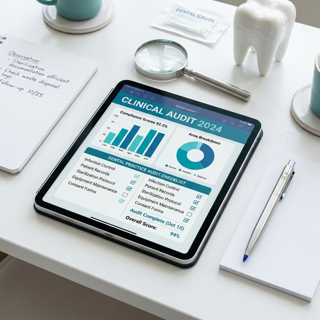 Clinical audit setup showing a digital tablet with verification charts, checklists, and a modern medical dental model.