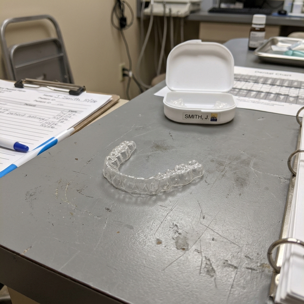 A pair of clear aligner retainers resting on a sterile white surface next to a dental mirror. Professional, clean, and clinical photography style with a focus on structural integrity.